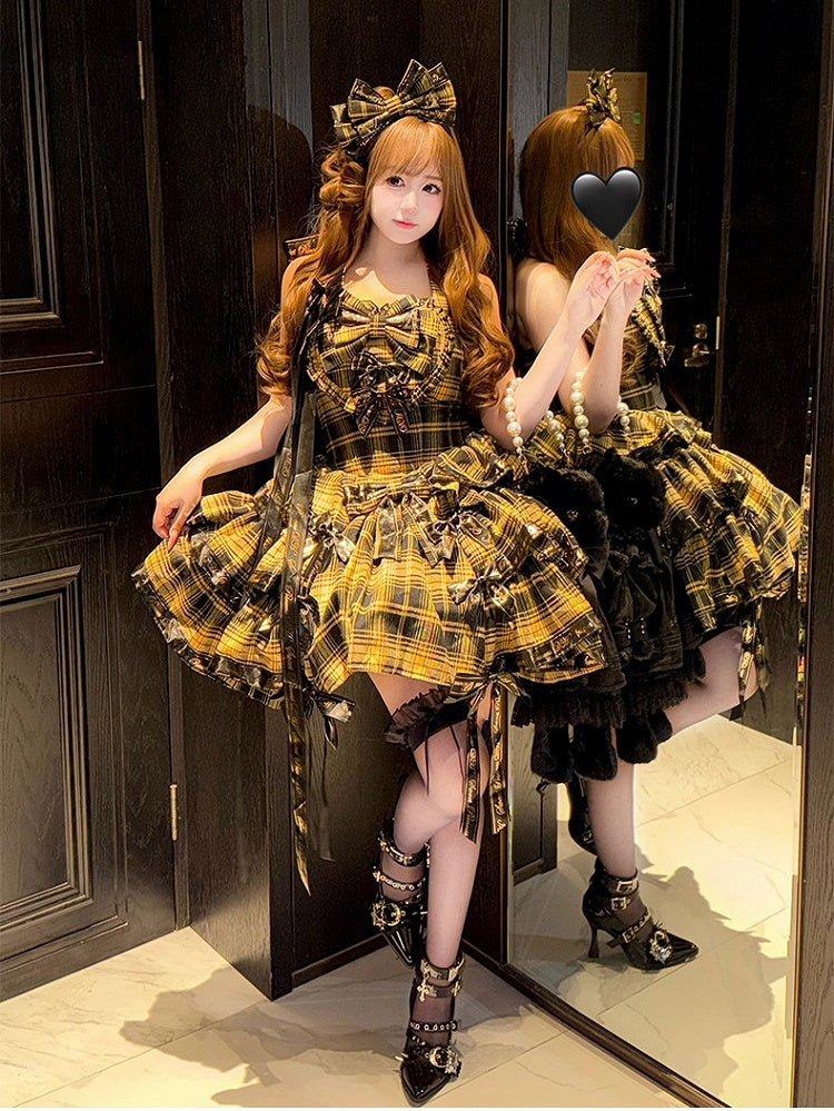 Yellow Sweet Bow Halter Plaid Lolita Dress Full Set + KC + Brooch + Hair Clip - view 5