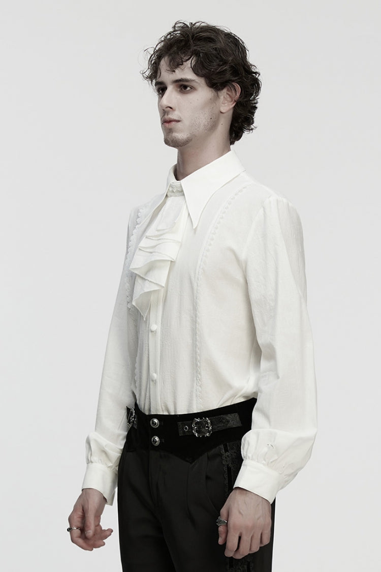White Lapel Collar Long Puff Sleeves Men's Gothic Blouse with Detachable Necktie White - Product - 2