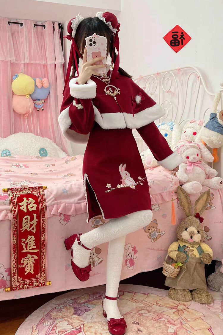 Red [New Year] Rabbit Printed Embroidered Bow Sweet Chinese Style Lolita Dress - Product - 4