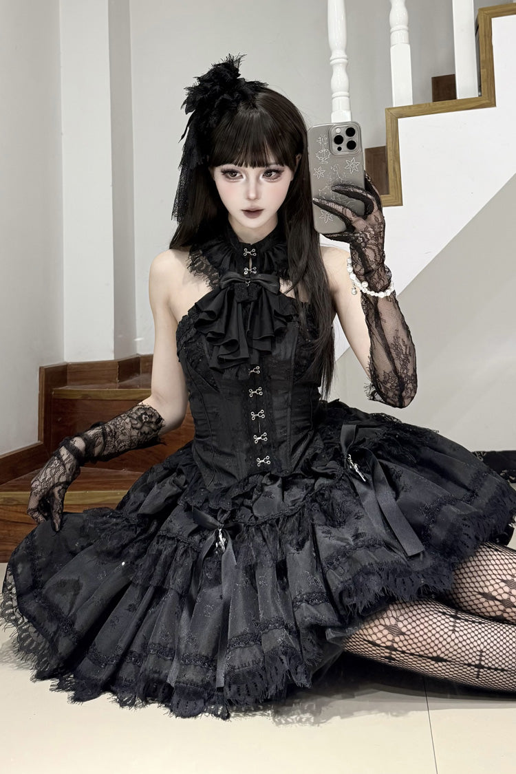 Black [Silver Moon Thorn] Off Shoulder Sleeveless Jacquard Ruffled Bow Patchwork Lace Gothic Lolita Skirt Two-piece Set - Product - 4