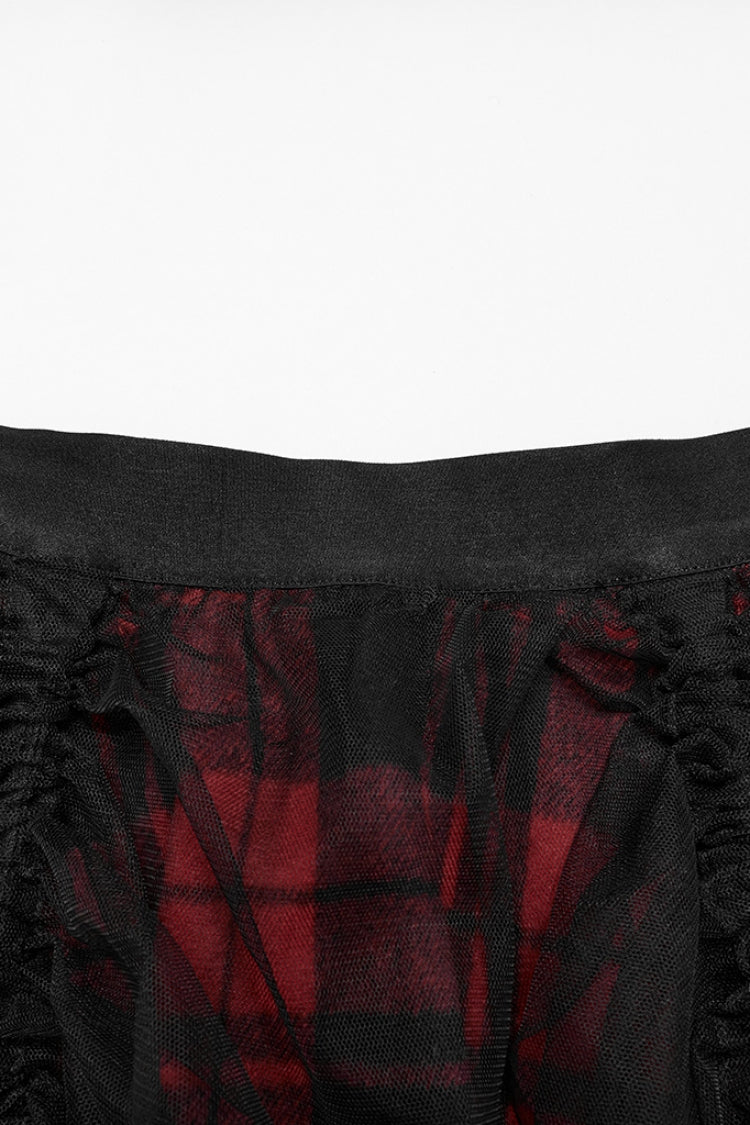 Black/Red Ruffle Stitching Mesh Plaid High/low Women's Gothic Skirt - Product - 5