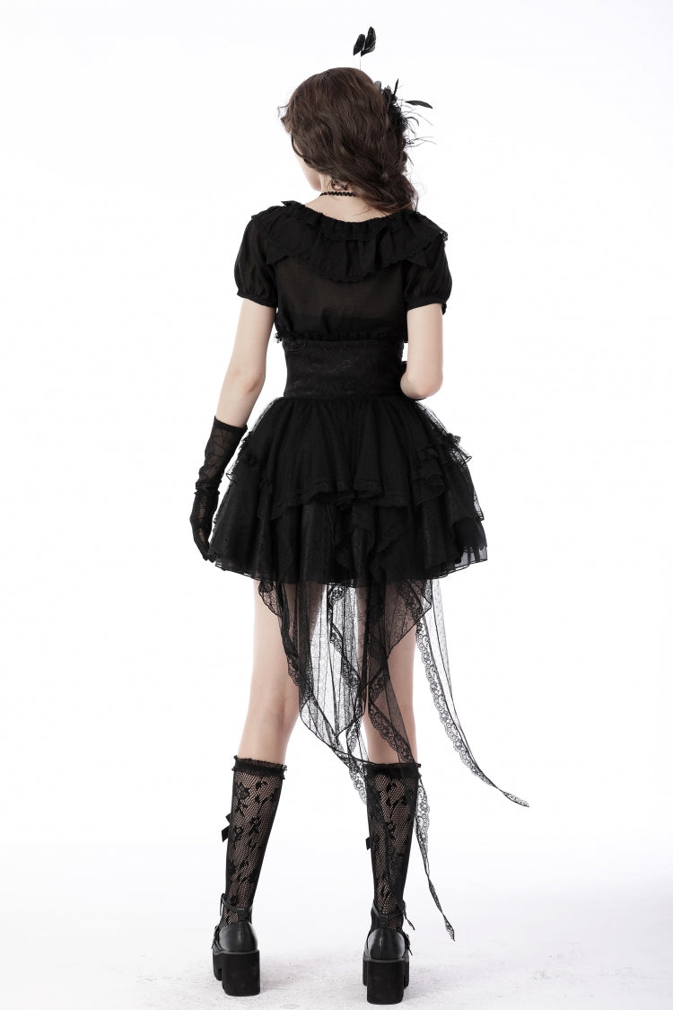 Black Lace-Up Multi-Layered Lace Women's Gothic Fishtail High Low Tunic Skirt - Product - 4