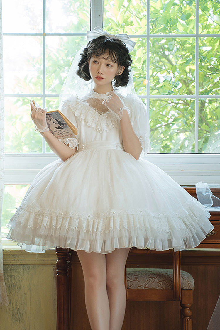 White Multi-Layered Ruffle Hanayome Hollow Bowknot Lace Sweet Vintage Gorgeous Lolita Dress - White - 1