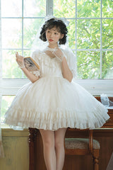 White Multi-Layered Ruffle Hanayome Hollow Bowknot Lace Sweet Vintage Gorgeous Lolita Dress - White - 1