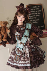 Brown [Teddy Bear Chocolate] Sleeveless Print Ruffle Side Cardigan Bowknot Asymmetric Sweet Lolita Strap Dress - Brown - 1