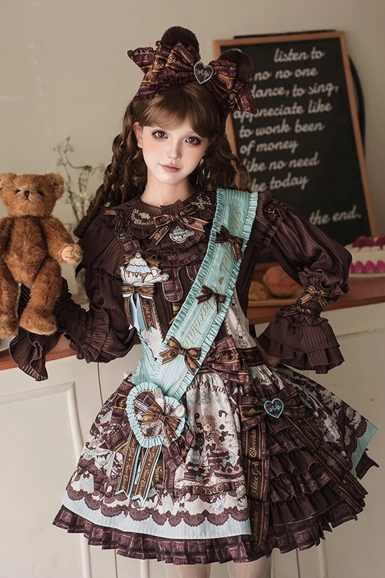 Brown [Teddy Bear Chocolate] Sleeveless Print Ruffle Side Cardigan Bowknot Asymmetric Sweet Lolita Strap Dress - Brown - 1