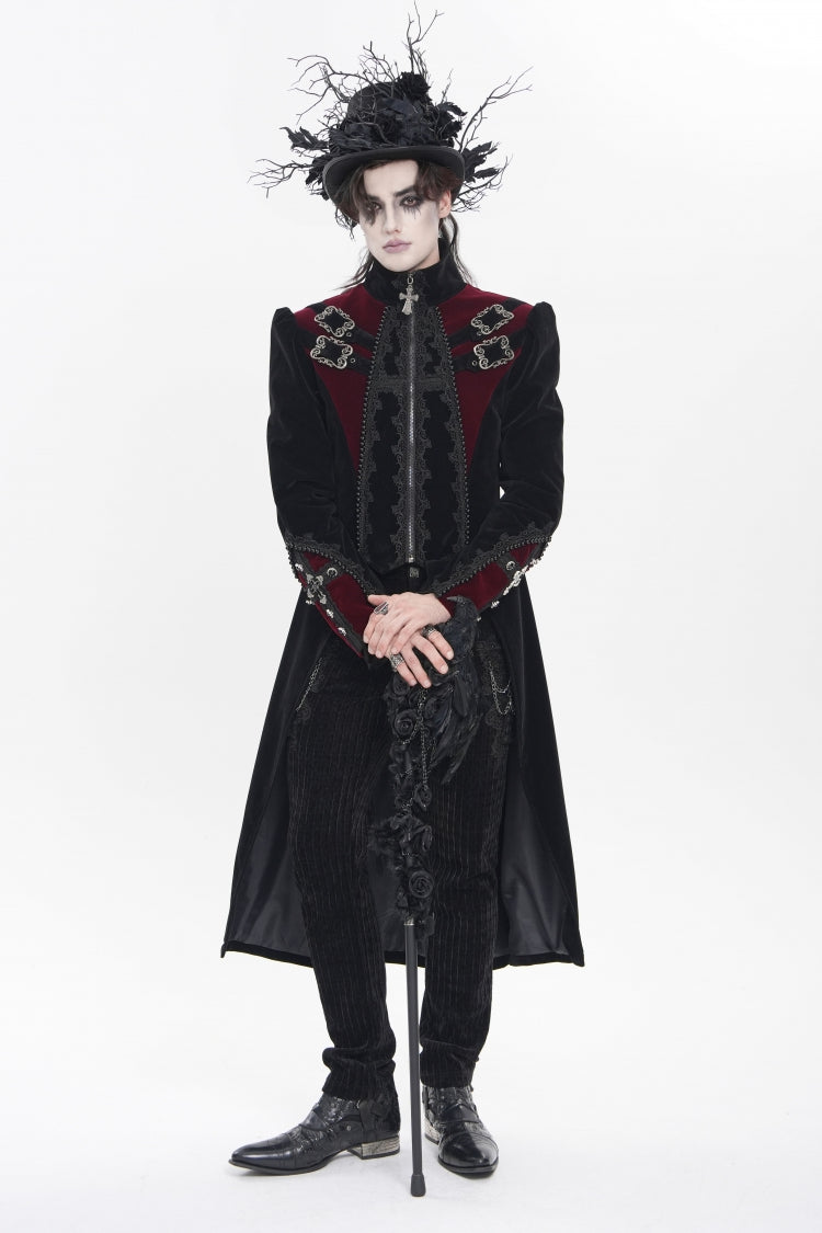 Black Stand Collar Long Sleeves Embroidered Color-Blocked Buckled Zippered Men's Gothic Palace Jacket - Product - 8