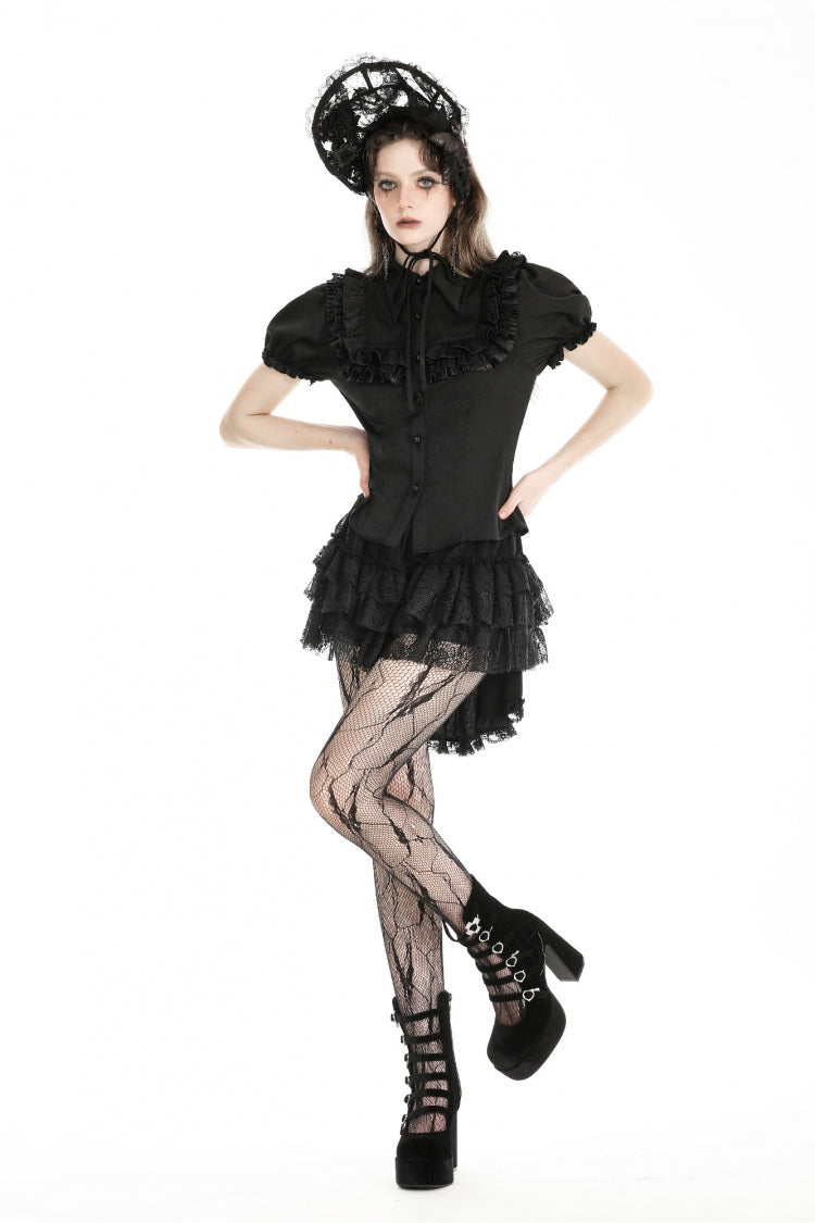Black Point Collar Short Puff Sleeves Ruffled Women's Gothic Blouse - Product - 13