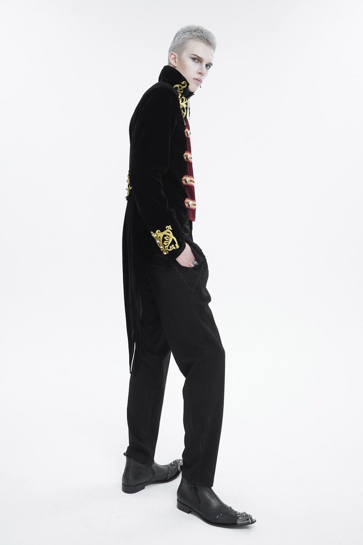 Black/Red Retro Totem Embroidered Swallow Tailed Men's Gothic Coat - Product - 4