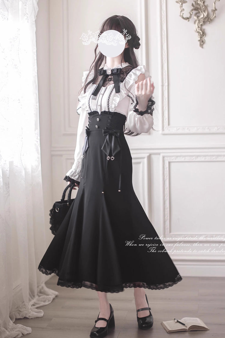 Black Ruffle Bowknot Slim Sweet Elegant Lolita Fishtail Skirt Dress - Product - 5