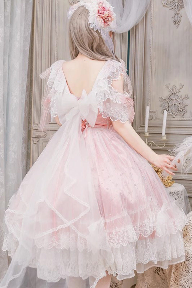 Pink [Glazed Phantom] Off Shoulder Ruffle Hanayome Bowknot Lace Sweet Elegant Lolita Dress - Product - 3