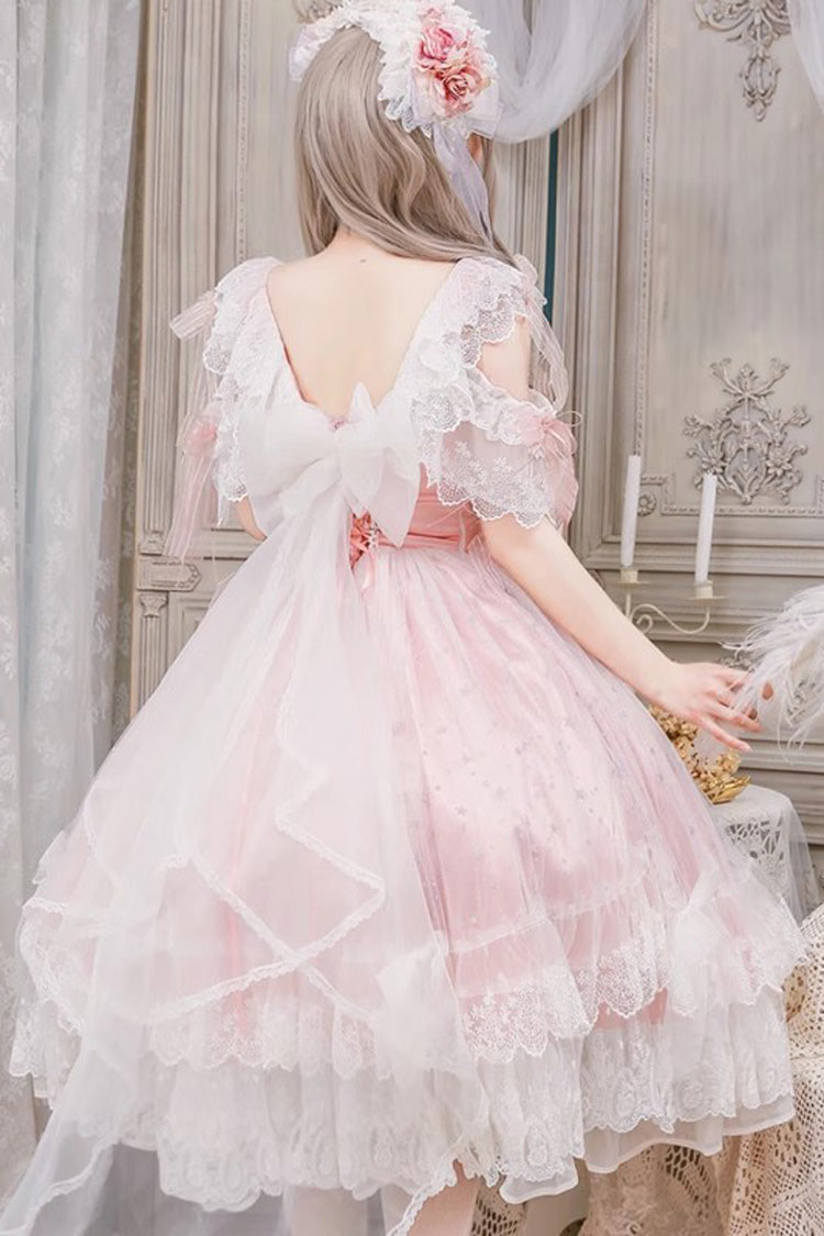 Pink [Glazed Phantom] Off Shoulder Ruffle Hanayome Bowknot Lace Sweet Elegant Lolita Dress - Product - 3
