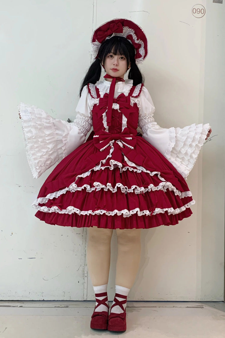 [Grisha] Sleeveless Triple-Layered Ruffle Cardigan Bowknot Lace Sweet Plus Size Lolita Jsk Dress 3 Colors - Product - 16