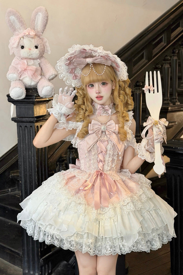 Pink [Pearl Ballet] Square Collar Sleeveless Multi-Layered Ruffled Bow Lace-Up Pearl-Decorated Sweet Ballet Lolita Jsk Dress - Pink(Dress-Only) - 1