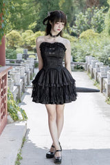 Black Bamboo Dream Multi-layer Dark Pattern Print Ruffle Gothic Lolita Skirt Set - Product - 2