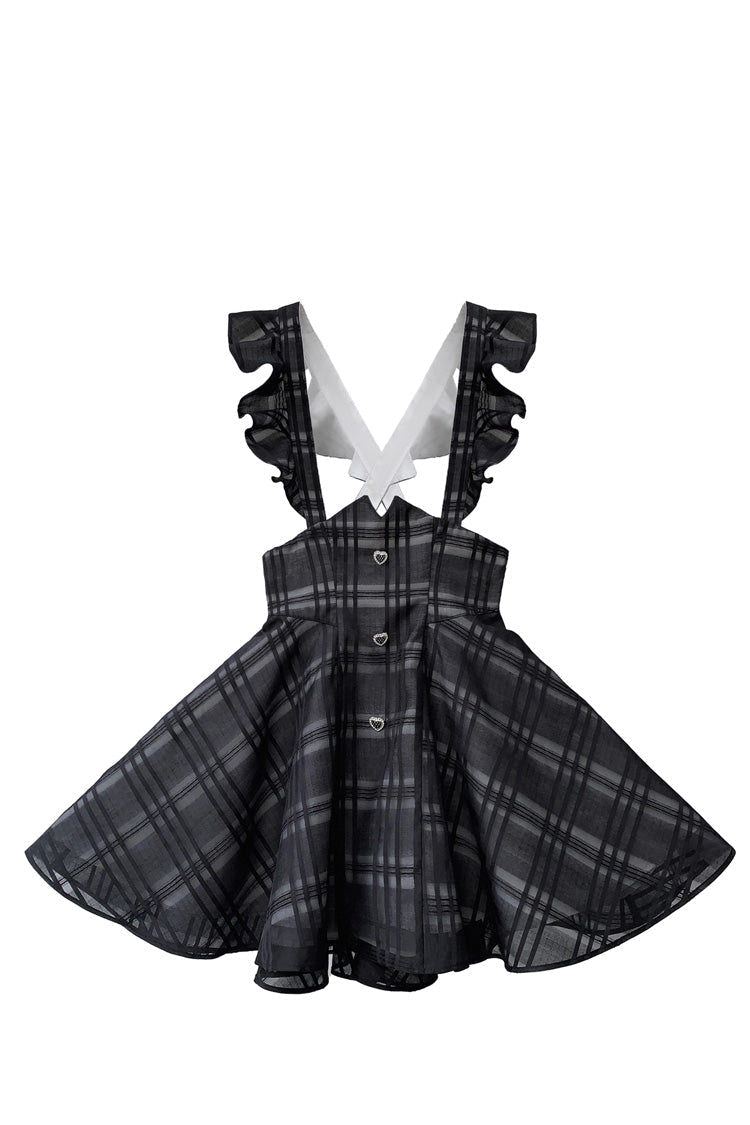 Black Plaid Print Classic College Style Elegant Lolita Strap Short Dress - Product - 7