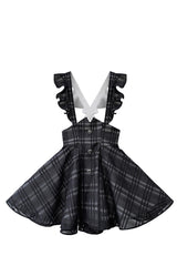 Black Plaid Print Classic College Style Elegant Lolita Strap Short Dress - Product - 7