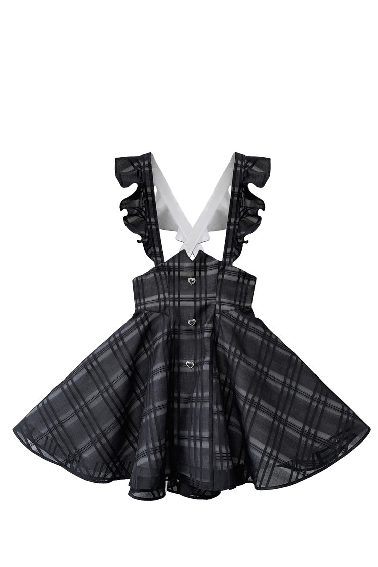 Black Plaid Print Classic College Style Elegant Lolita Strap Short Dress - Product - 7