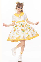 White/Yellow Sweet Duck Print Bowknot Puff Short Sleeves Lolita OP Dress - White/Yellow - 1