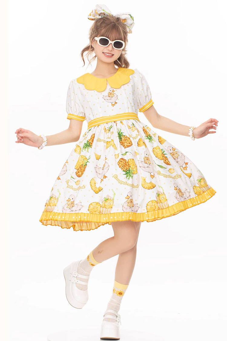 White/Yellow Sweet Duck Print Bowknot Puff Short Sleeves Lolita OP Dress - White/Yellow - 1