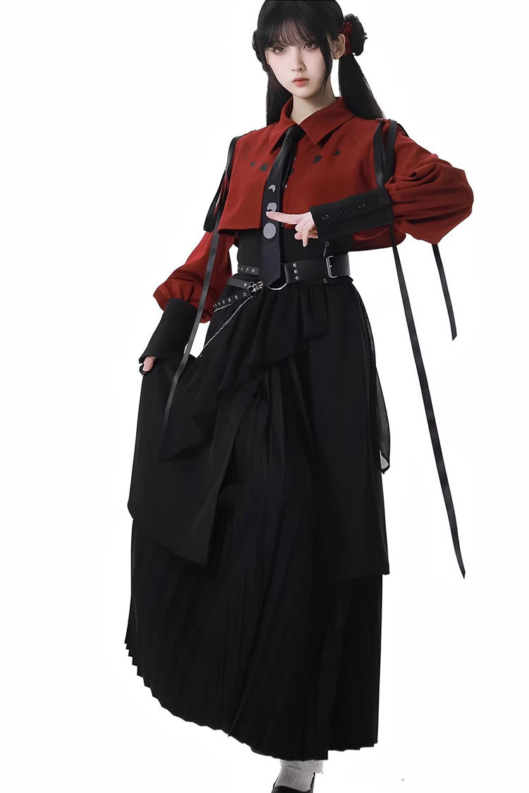 Red/Black [Moonlight Flowing] Long/Short Sleeves Ruffled Asymmetric Gothic Jirai Kei Skirt Set - Red/Black Long Skirt Set (Long-Sleeved) - 8