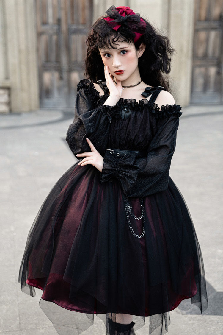 Black Boat Neck Metal Chain Organza Stitching Gothic Lolita OP Dress (Short Version) - Product - 3