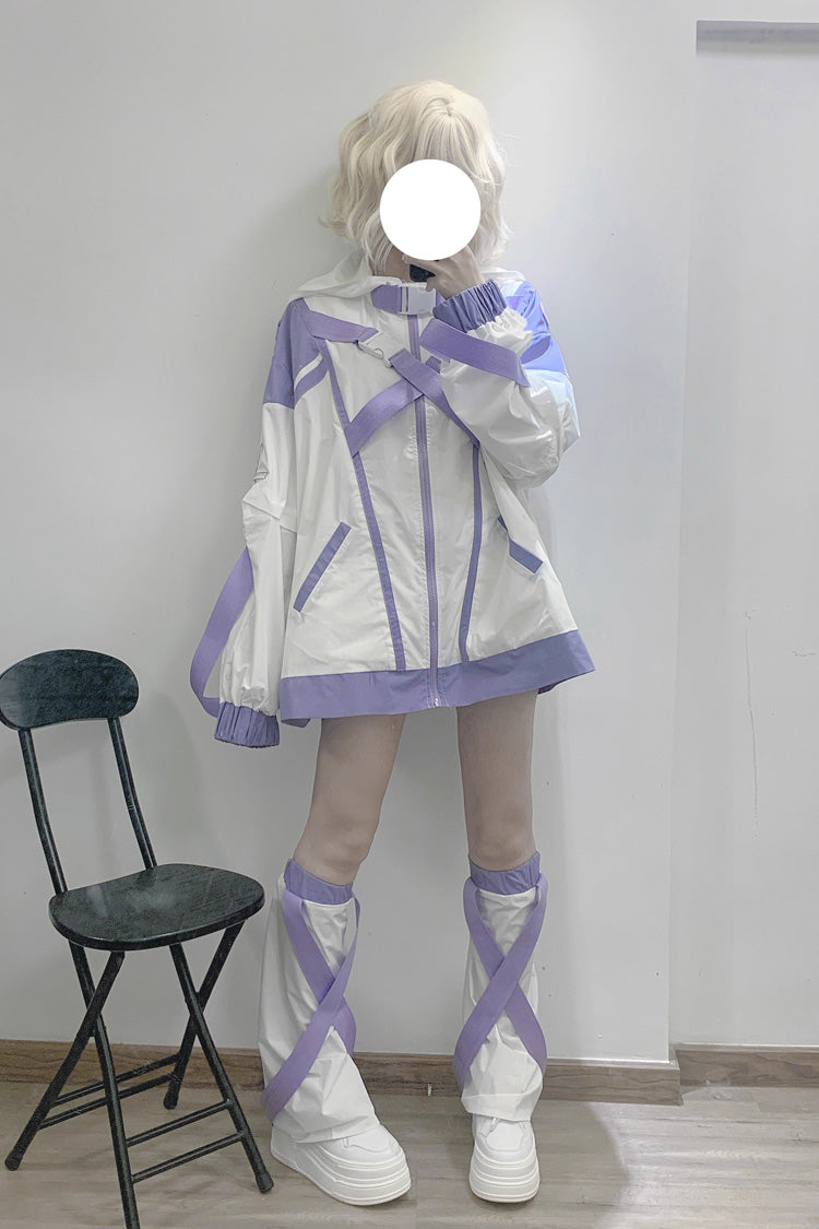White/Purple Cyberpunk Functional Print Hooded Jirai Kei Japanese Sports Coat - Product - 2