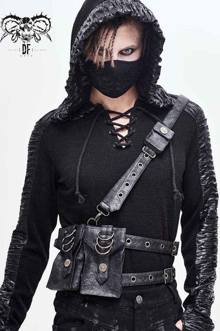 Black Leather Large Capacity Adjustable Fog Flower Men's Gothic Waist Bag - Product - 3