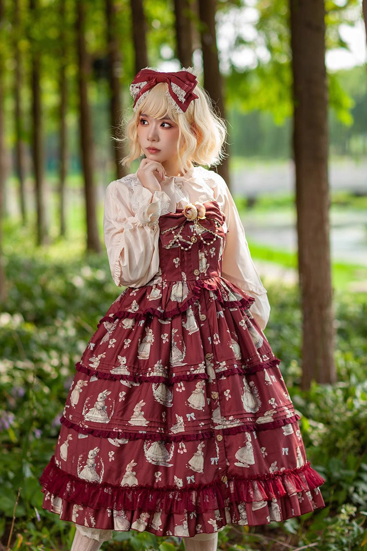 Miss Rabbit Dance Print Multi-layer Ruffle Sweet Elegant Lolita Jsk Dress 4 Colors - Product - 11