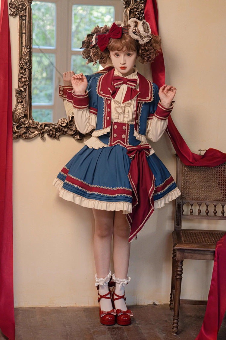Red/White/Blue Star Idol Round Collar Ruffle Bowknot Sweet Princess Lolita Skirt Full Set - Product - 5