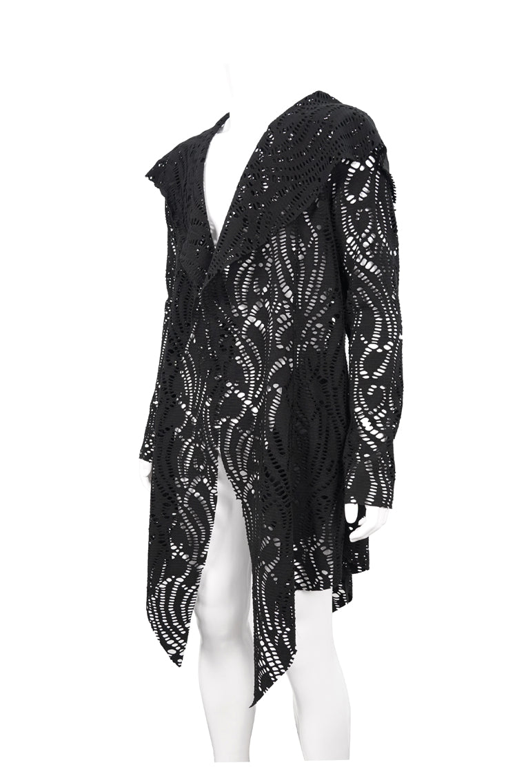 Black V Neck Long Sleeve Sharp Corner Hem Broken Holes Men's Punk Coat - Product - 7