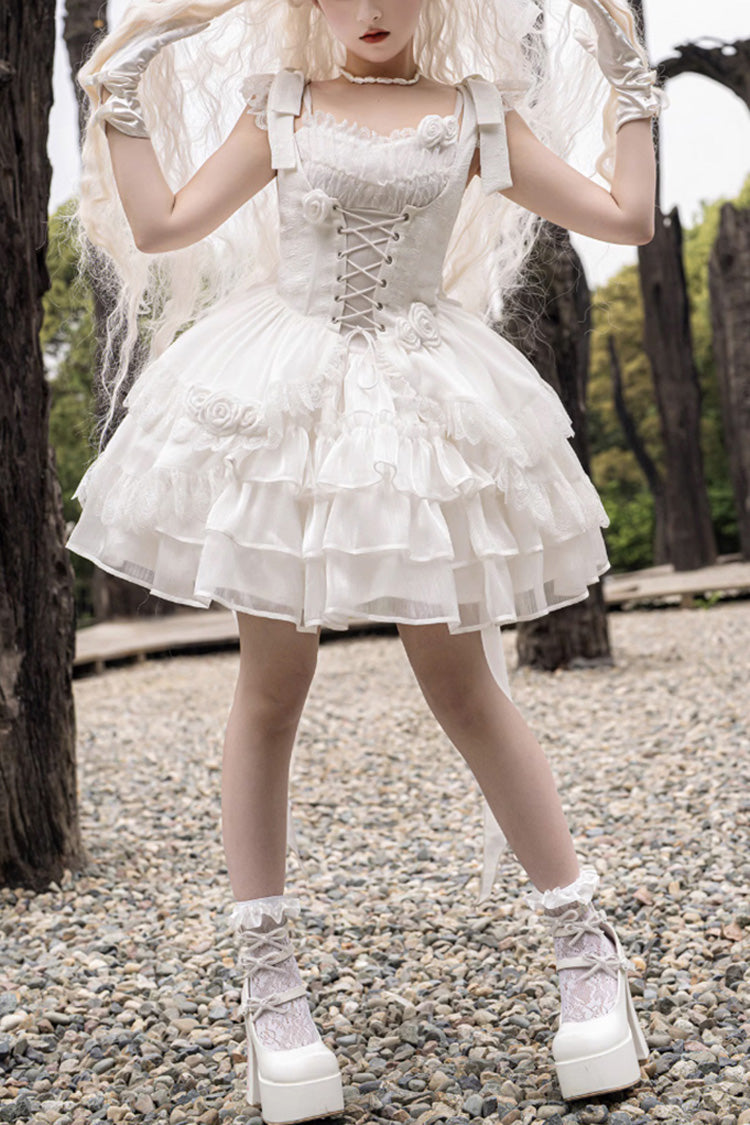 White Rose Multi-layer Gothic Lolita Jsk Dress - White - 1