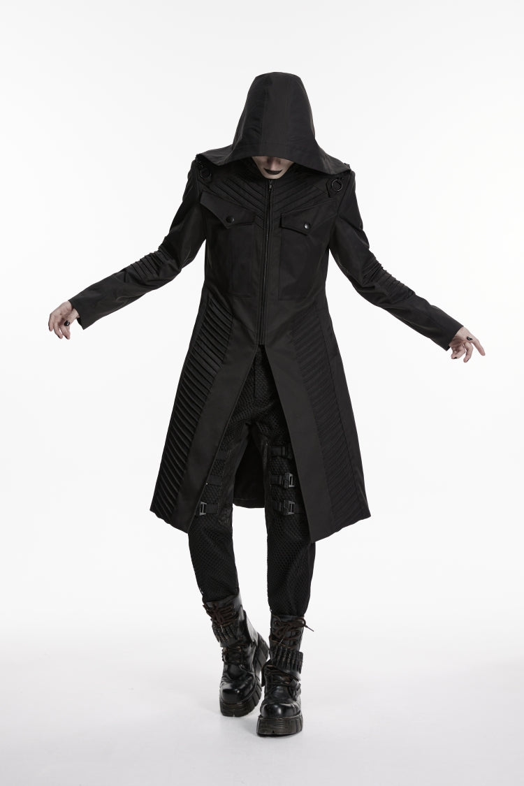 Black Stand Collar Long Sleeves Hooded Zippered Men's Punk Jacket - Product - 5