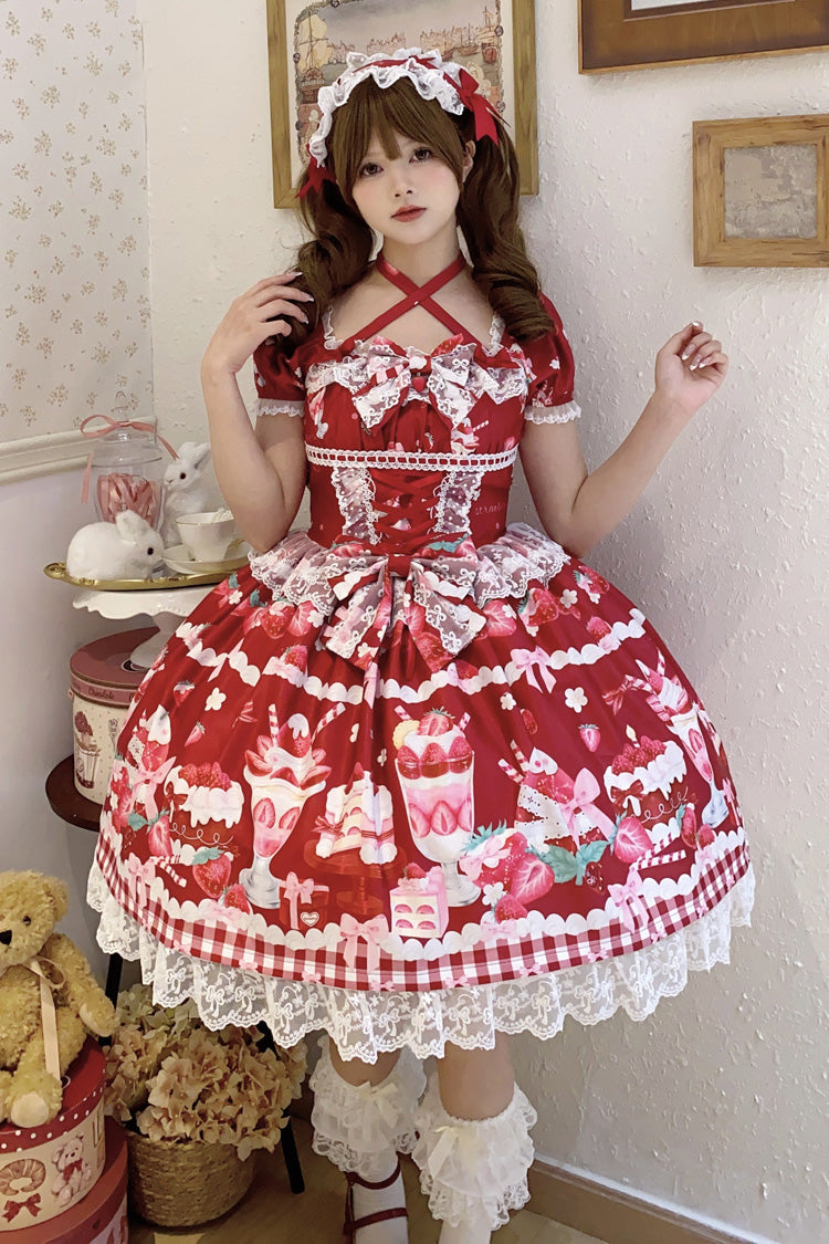 Red [Strawberry Parfait] Print Short Sleeves Ruffle Bowknot Lace Lace-Up Sweet Lolita Dress - Red - 1