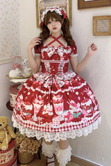 Red [Strawberry Parfait] Print Short Sleeves Ruffle Bowknot Lace Lace-Up Sweet Lolita Dress - Red - 1