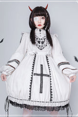 Beige Detachable Hat High Neck Woolen Cuffs Demon Rabbit Gothic Lolita OP Dress - Product - 5
