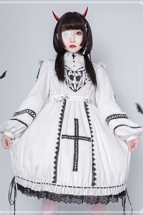 Beige Detachable Hat High Neck Woolen Cuffs Demon Rabbit Gothic Lolita OP Dress - Product - 5