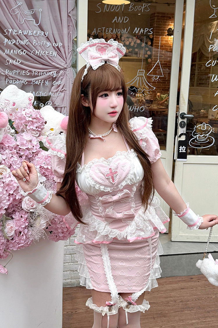 Pink [Little Nurse] Square Collar Short Sleeves Jacquard Ruffled Embroidered Bow Lace Chinese Style Sweet Lolita Skirt Set - Product - 9