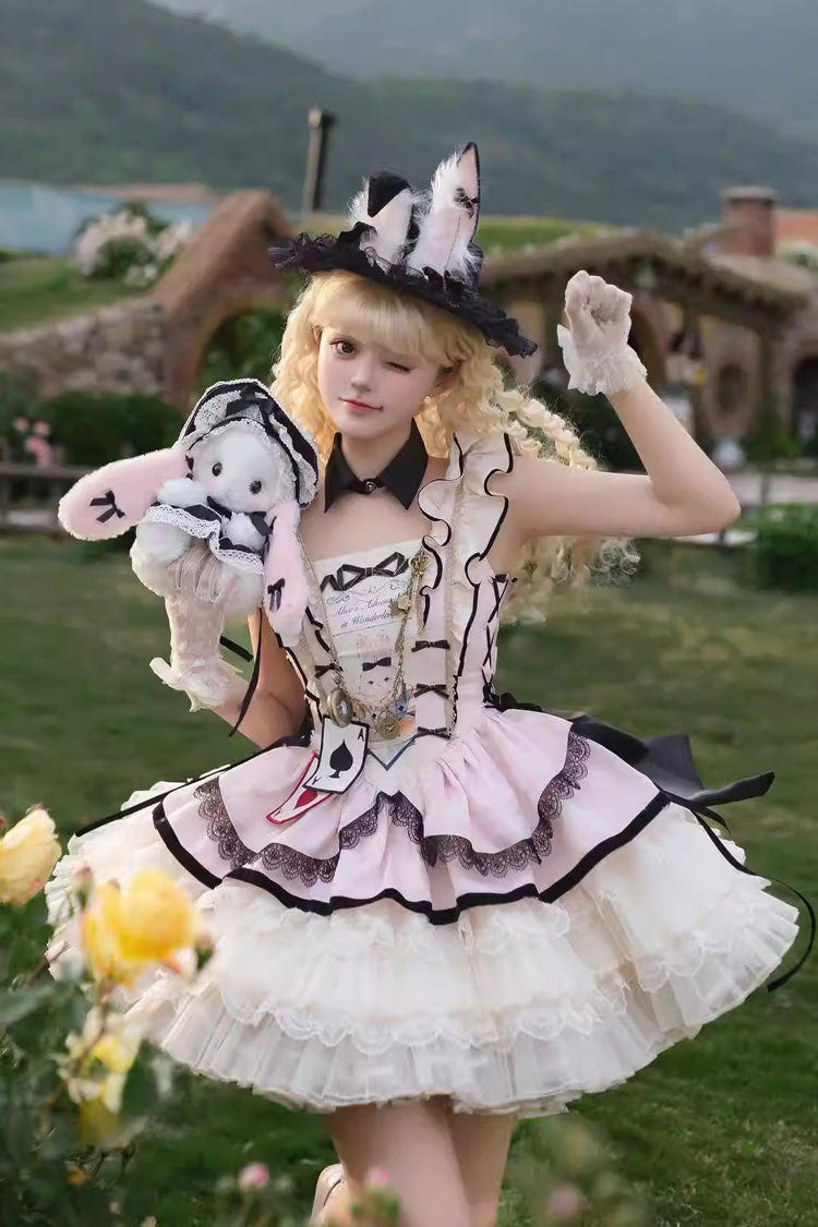 [Binky Bunny Magic] Square Collar Sleeveless Multi-Layered Ruffled Bow Lace Sweet Lolita Jsk Dress 2 Colors - Pink - 1