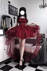 Red Shining Bowknot Irregular Sweet Princess Gorgeous Lolita Jsk Dress (Include Train) - Red - 1