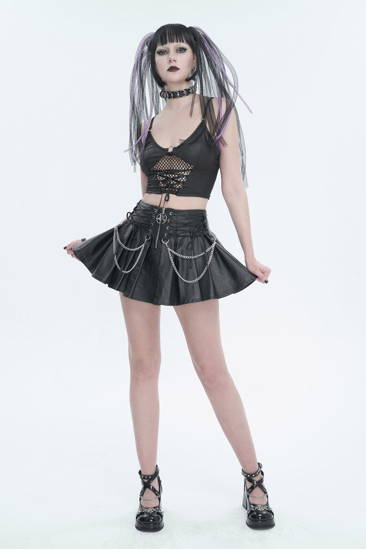 Black Faux Leather Web Eyelet Adjustable String Chain Pleated Women's Gothic Skirt - Product - 4