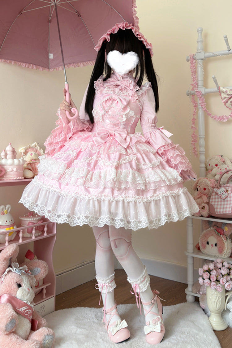 Pink [Love and Heart Flutter] Sleeveless Multi-Layered Ruffle Bowknot Lace Pearl Sweet Lolita Jsk Dress - Pink - 1
