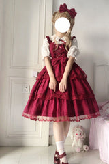 Red First Love Triple-Layered Ruffle Bowknot Lace Sweet Lolita Jsk Dress - Product - 2