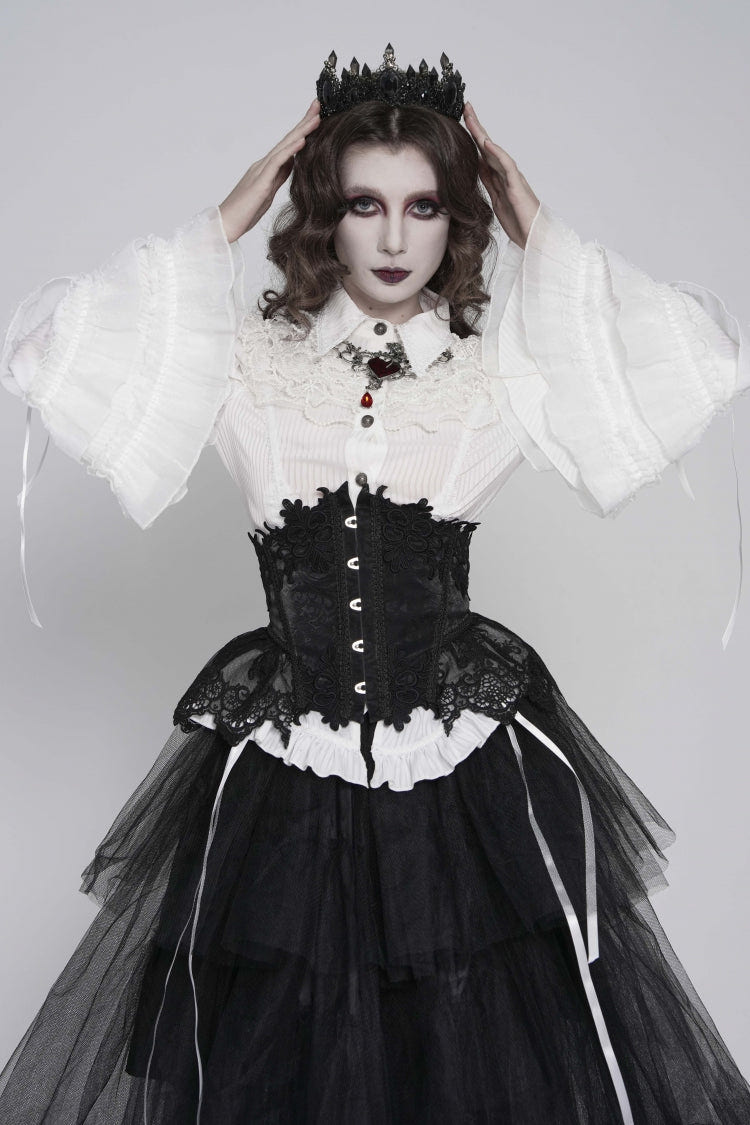 White Lapel Collar Long Trumpet Sleeves Lace Lace-Up Slim Women's Gothic Blouse - Product - 11