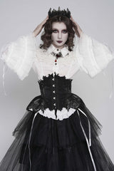 White Lapel Collar Long Trumpet Sleeves Lace Lace-Up Slim Women's Gothic Blouse - Product - 11