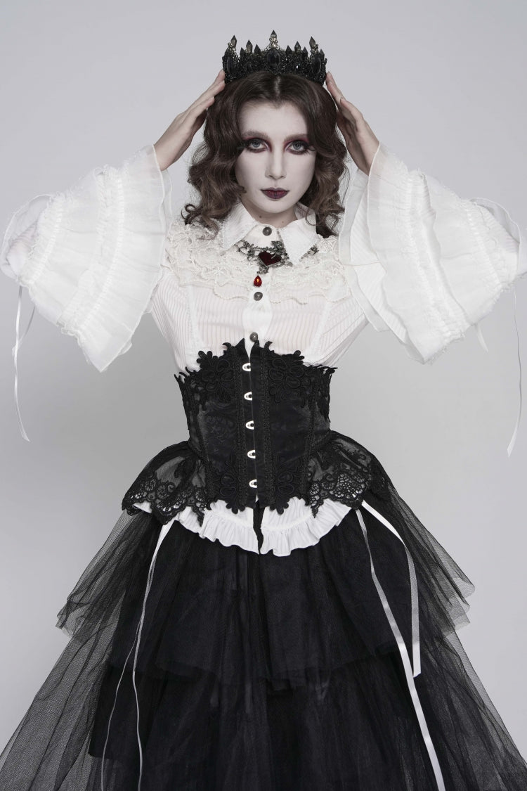 White Lapel Collar Long Trumpet Sleeves Lace Lace-Up Slim Women's Gothic Blouse - Product - 11