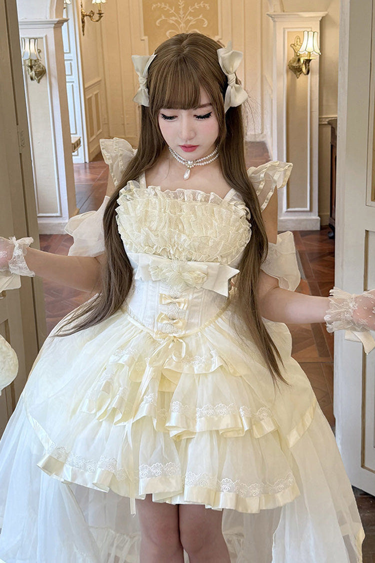 Beige [Mousse Love Song] Off Shoulder Sleeveless Triple-Layered Ruffled Hanayome Bow Sweet Elegant Ballet Lolita Short Dress Set - Product - 5