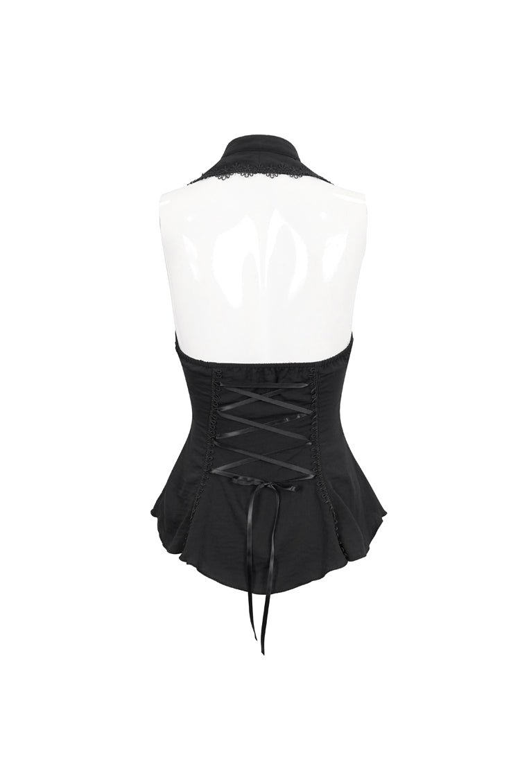 Black Chiffon Sleeveless Front Lace Back Drawstring Straps Women's Punk Shirt - Product - 8