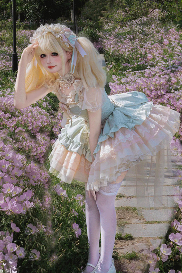 Green [Fleeting Light and Shallow Dream] Sleeveless Multi-Layered Ruffle Bowknot Lace Slim Sweet Ballet Lolita Jsk Dress - Product - 2