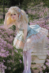 Green [Fleeting Light and Shallow Dream] Sleeveless Multi-Layered Ruffle Bowknot Lace Slim Sweet Ballet Lolita Jsk Dress - Product - 2